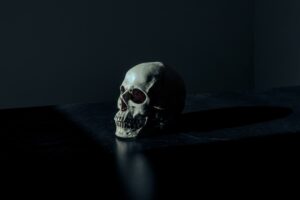 white-and-black-skull-figurine-on-black-surface